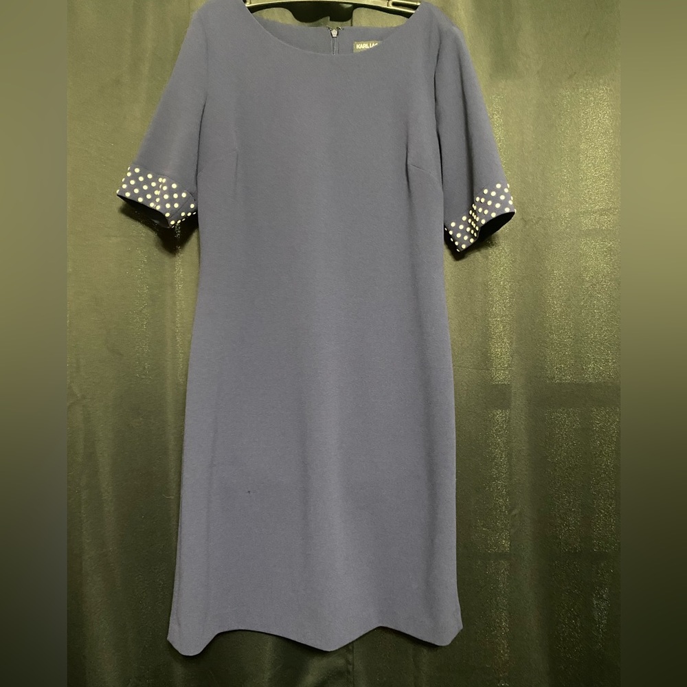 Karl Lagerfeld Paris. Navy blue dress with pearl beaded sleeves. Size 10.